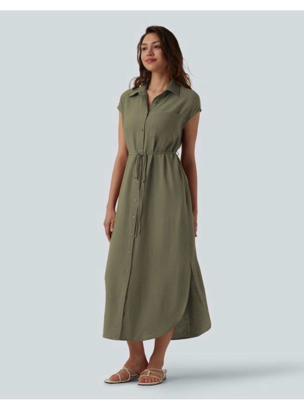 HALARA Olive Green Button-Front Maxi Shirt Dress